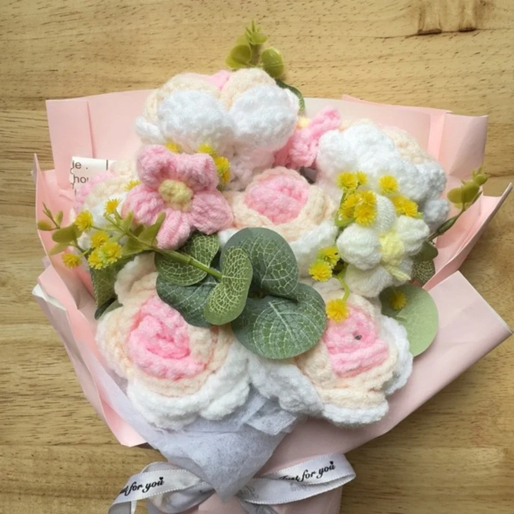 Crochet Flowers Bouquet - Hand Knitted Rose Crochet Flower Bouquet for Home GIFT